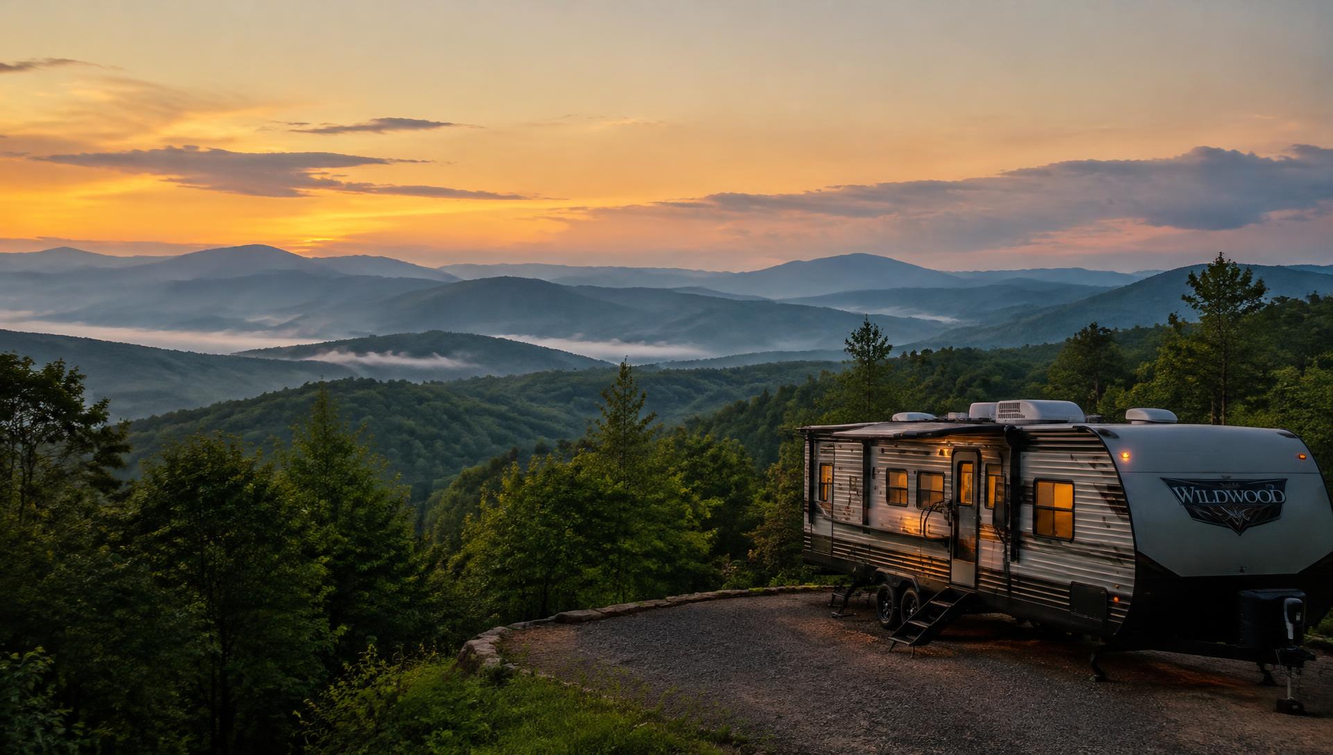 Representative photo: a travel trailer on a gravel pad overlooking misty mountain ridges at sunset